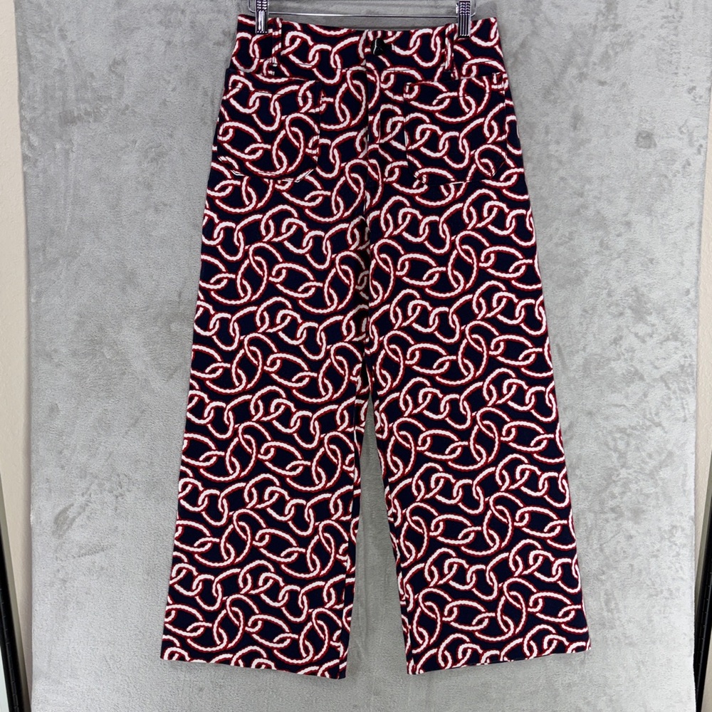 Maeve Anthropologie The Colette Pants Navy Red Chain Print Wide Leg Cropped 28 - Picture 4 of 10